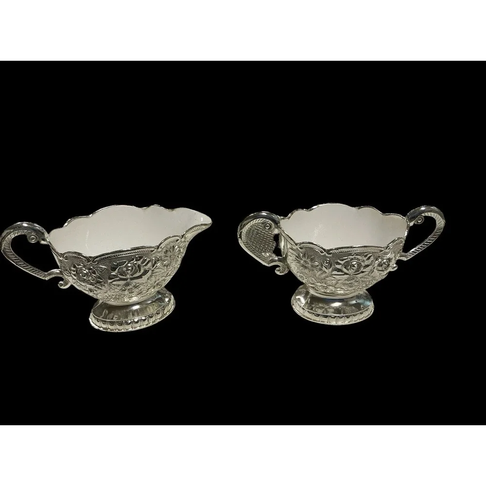 Vintage Silver Plated White Enamel Sugar And‎ Creamer Set With Tray Japan